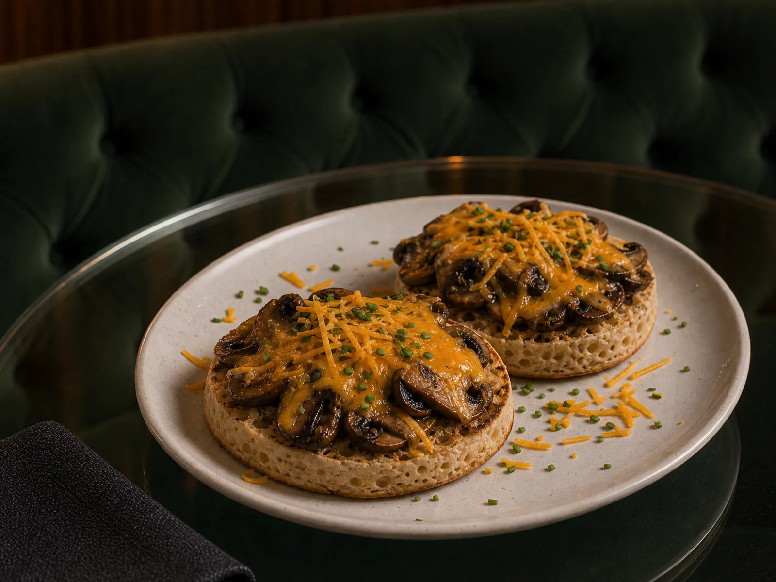 Crumpets mit Pilzen und Cheddar