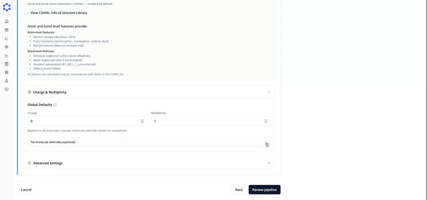 Charge and multiplicity settings