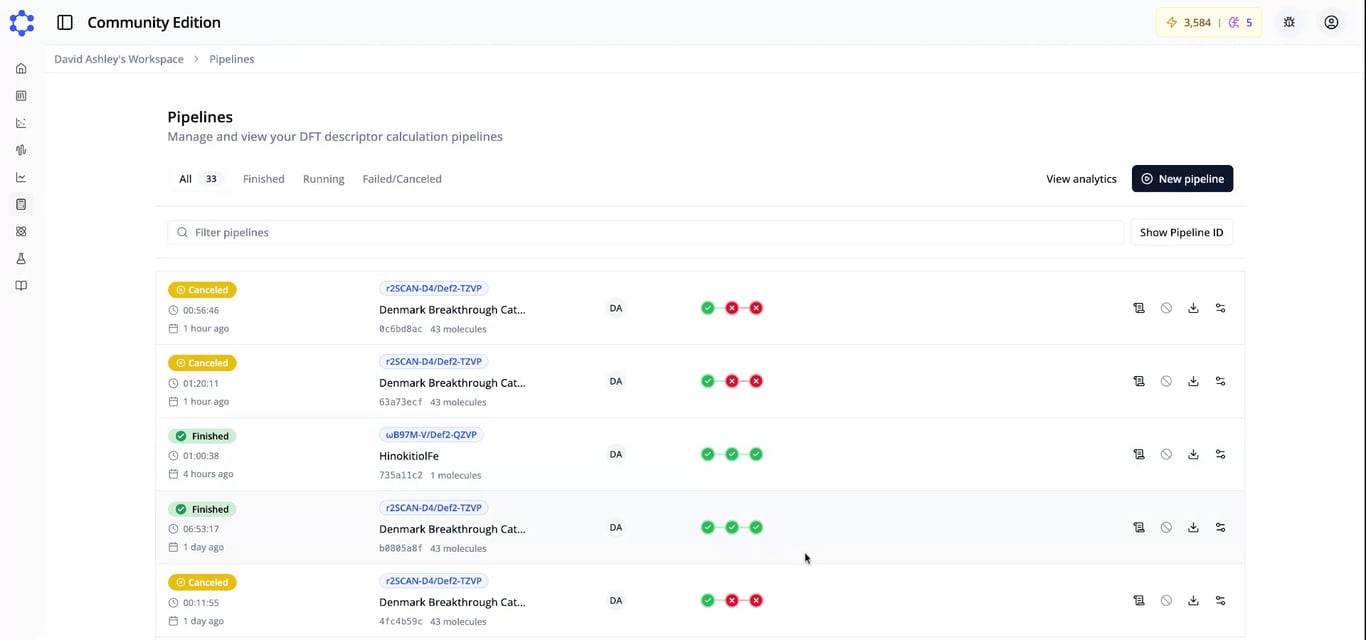 Pipelines page with past runs