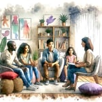 Artist rendition of family therapy in watercolor.