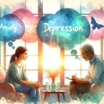 artist interpretation of mental health therapy. Two people sitting in a room with thought bubbles of anxiety and depression above them.