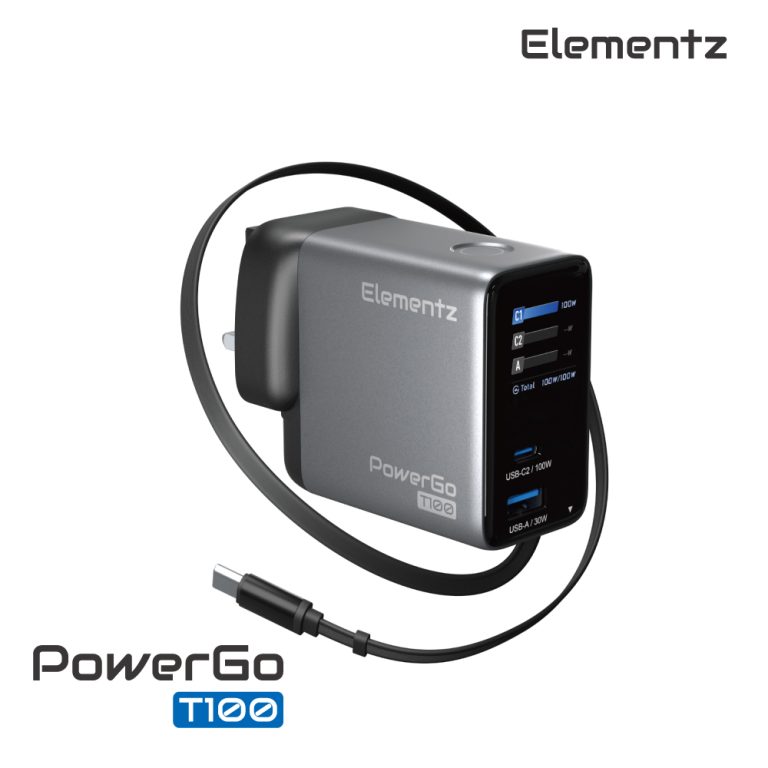 Elementz PowerGo T100 100W 2C + 1A (氮化鎵) AI智能控溫 帶線TFT迷你充電器
