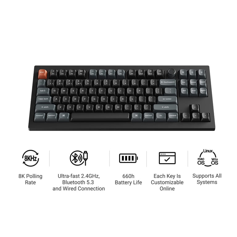 Keychron V3 Ultra 8K (V3U-D1) ZMK 三模無線機械鍵盤(碳黑-Gateron Jupiter 紅軸)