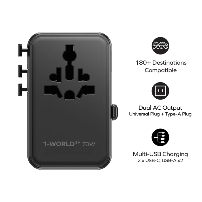MOMAX 1-World2+ 70W 伸縮充電線三接口旅行充電插座(黑色)