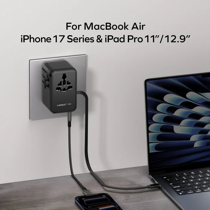 MOMAX 1-World2+ 70W 伸縮充電線三接口旅行充電插座(黑色)