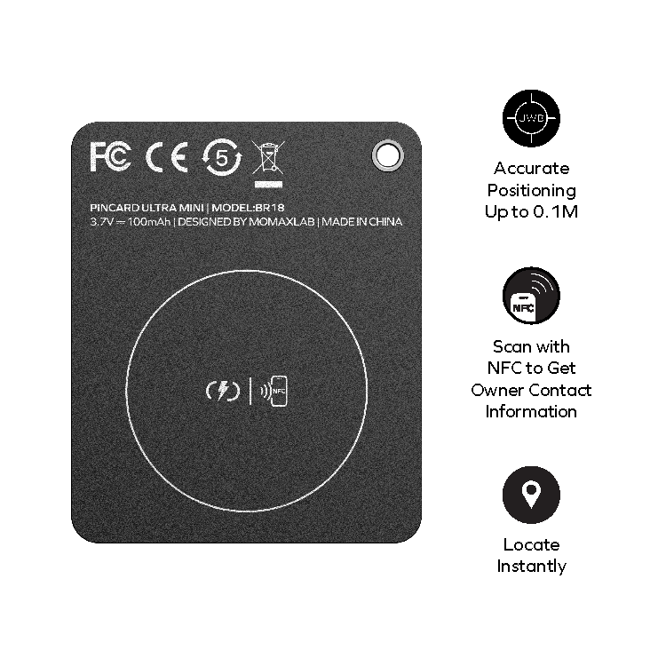 MOMAX PinCard Ultra Mini 充電式迷你 Find My 全球定位器(BR18)(黑色)