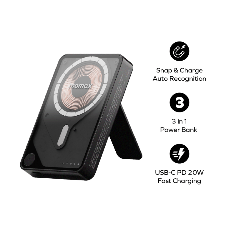 MOMAX 1-Power X Pro+ 10000mAh 磁吸無線充帶線行動電源連支架(IP132)(黑色)