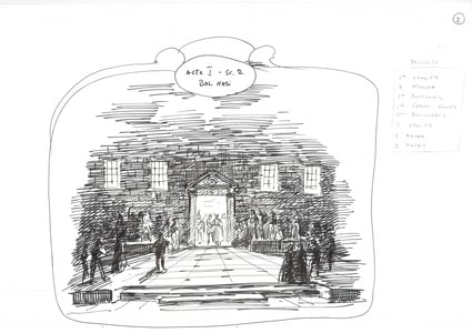 Disegno di Zeffirelli per le scene.