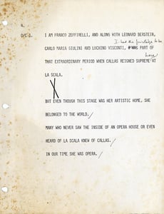 The first pages of Zeffirelli’s narration script, with handwritten notes.