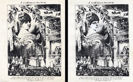 Volantino d’epoca con la notizia della liberazione degli schiavi di Nadina Bulicioff; e la riproduzione del volantino con il volto di Elizabeth Taylor.