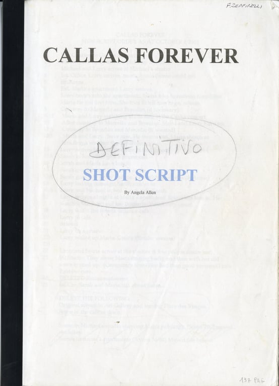 First pages of the script for the post-production of the film, compiled by script supervisor Angela Allen, with notes by Zeffirelli.
