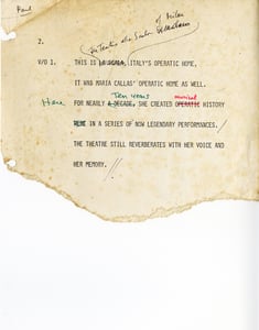 The first pages of Zeffirelli’s narration script, with handwritten notes.