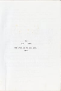 The Florentines - The first draft of the screenplay by Christopher Hampton, dated 1982, for the film which was then to be divided into 4 parts corresponding to the four elements: 1492-1499 – Savonarola – FIRE, 1500-1501 – The Return of the Giants – WATER, 1502-1504 – The David and the Mona Lisa – AIR, 1504-1506 – Battles – EARTH