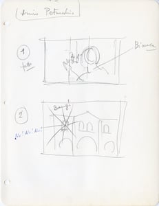 Story board appuntato da Zeffirelli per la sequenza dell'arrivo di Richard Burton, interprete di Petruccio.