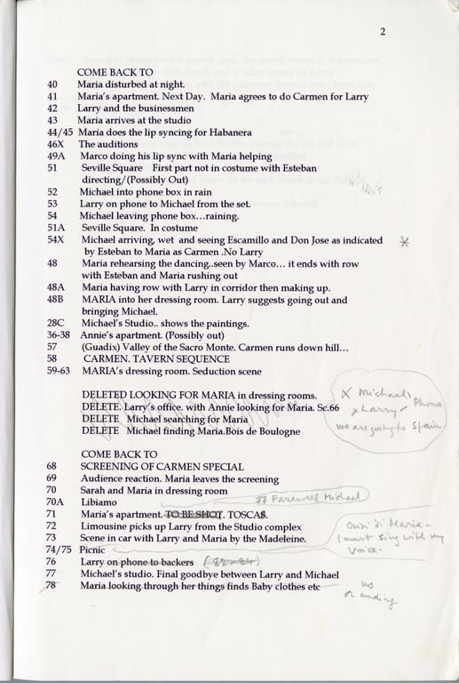 First pages of the script for the post-production of the film, compiled by script supervisor Angela Allen, with notes by Zeffirelli.