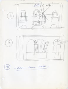 Story board appuntato da Zeffirelli per la sequenza dell'arrivo di Richard Burton, interprete di Petruccio.