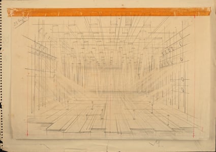 Disegni tecnici e appunti di Zeffirelli per l'illuminazione.