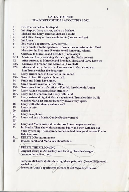 First pages of the script for the post-production of the film, compiled by script supervisor Angela Allen, with notes by Zeffirelli.