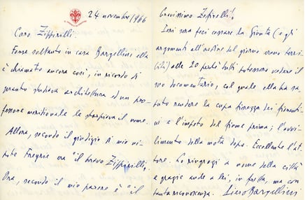 Lettera di Piero Bargellini, sindaco di Firenze, a Zeffirelli.