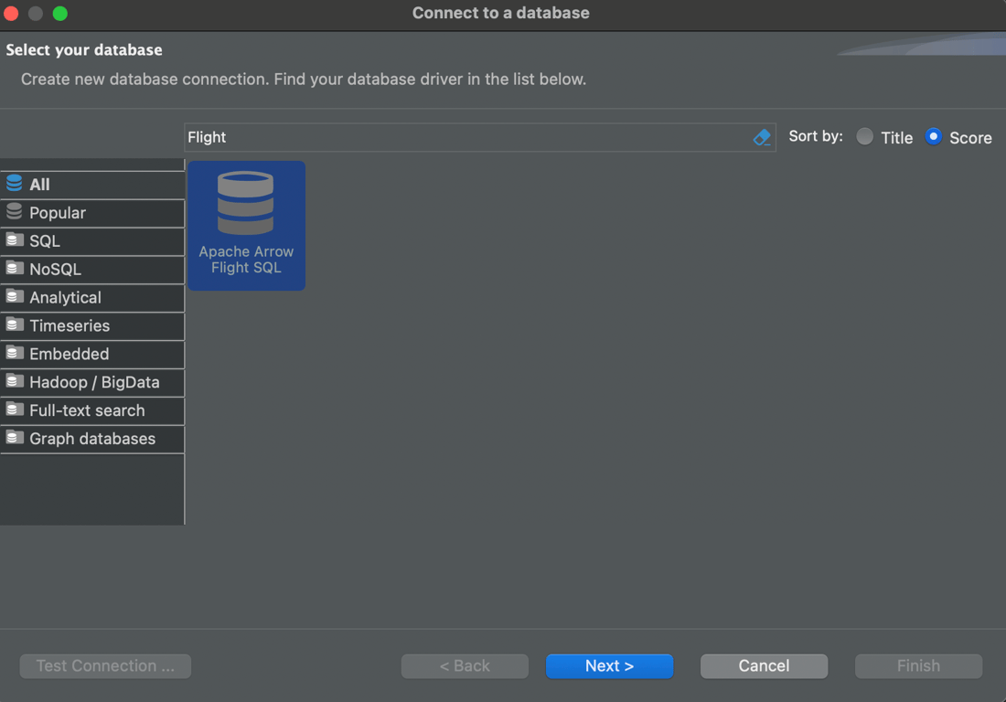 Connect to a database window