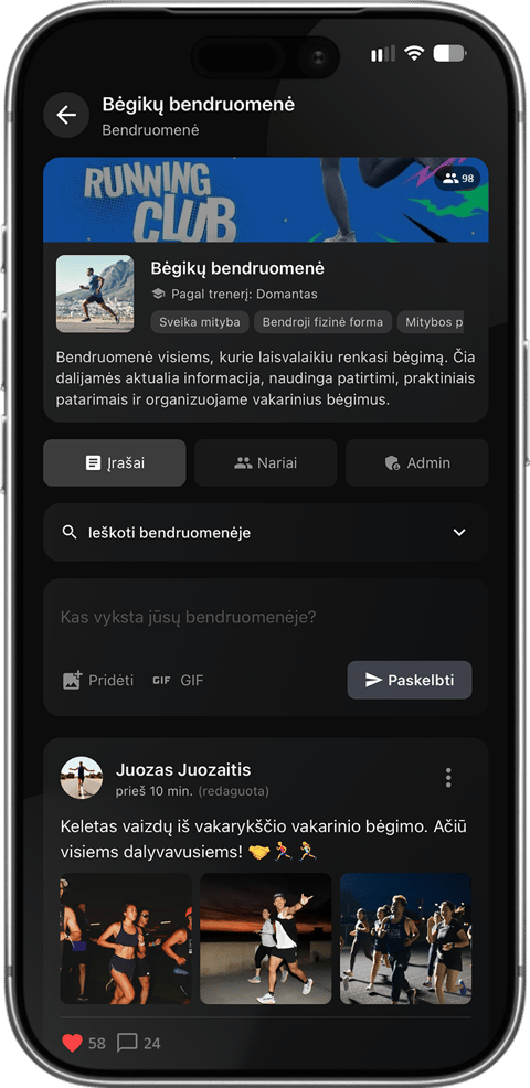 Sportstep trenerio bendruomenės ekranas