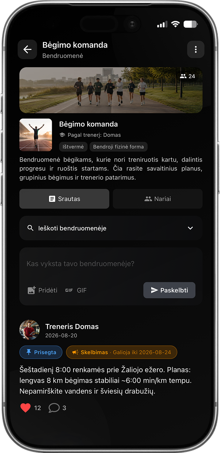 Sportstep trenerio bendruomenės ekranas