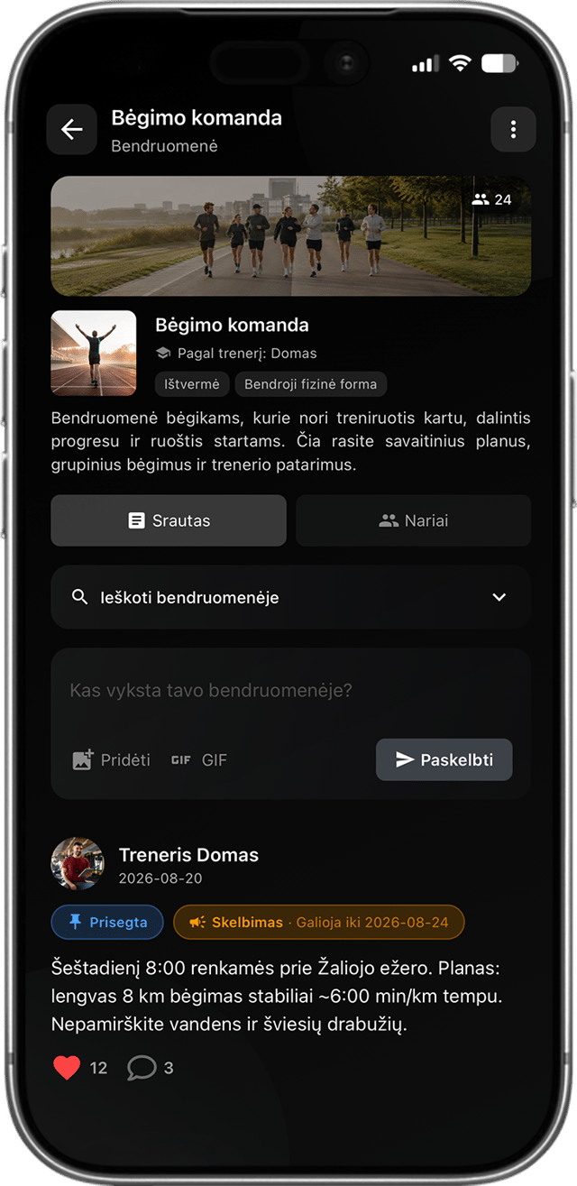 Sportstep trenerio bendruomenės ekranas