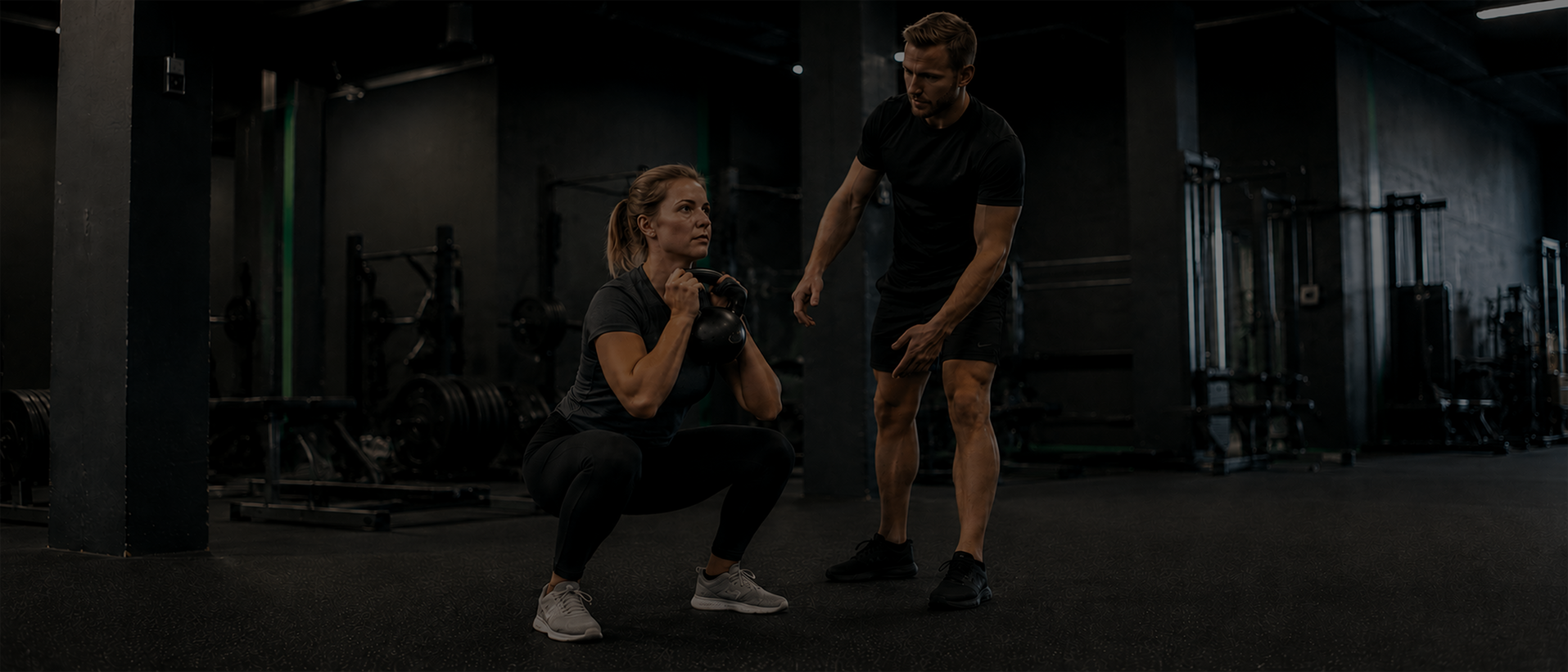 Asmeninis treneris stebi klientės kettlebell squat techniką sporto salėje