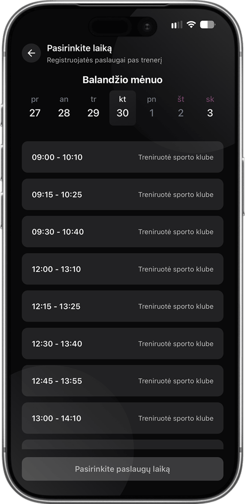 Sportstep programėlės ekranas – laiko ir paslaugos pasirinkimas