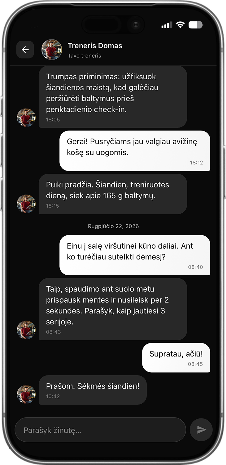 Sportstep programėlės ekranas – pokalbis su treneriu