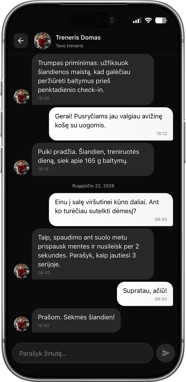 Sportstep programėlės ekranas – pokalbis su treneriu