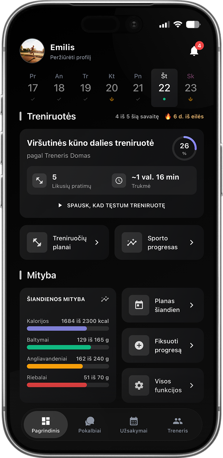 Sportstep programėlės ekranas – pagrindinis