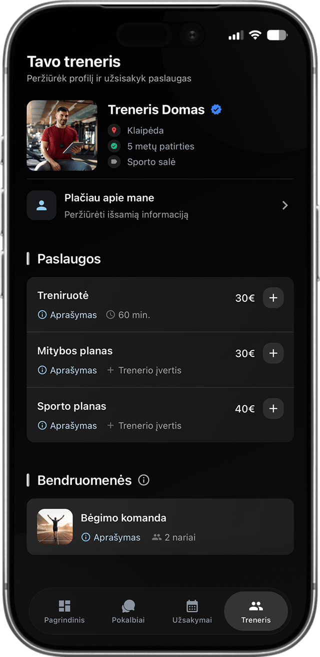 Sportstep programėlė: trenerio profilis ir paslaugos