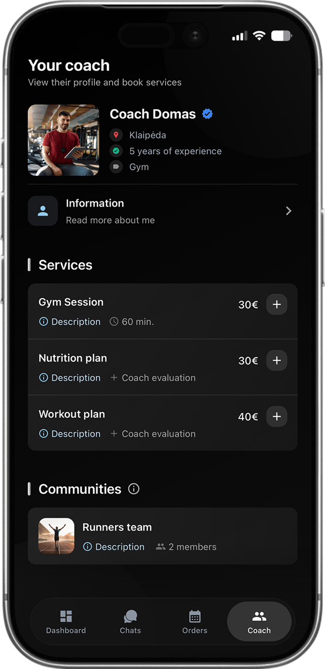 Sportstep app — coach profile and services