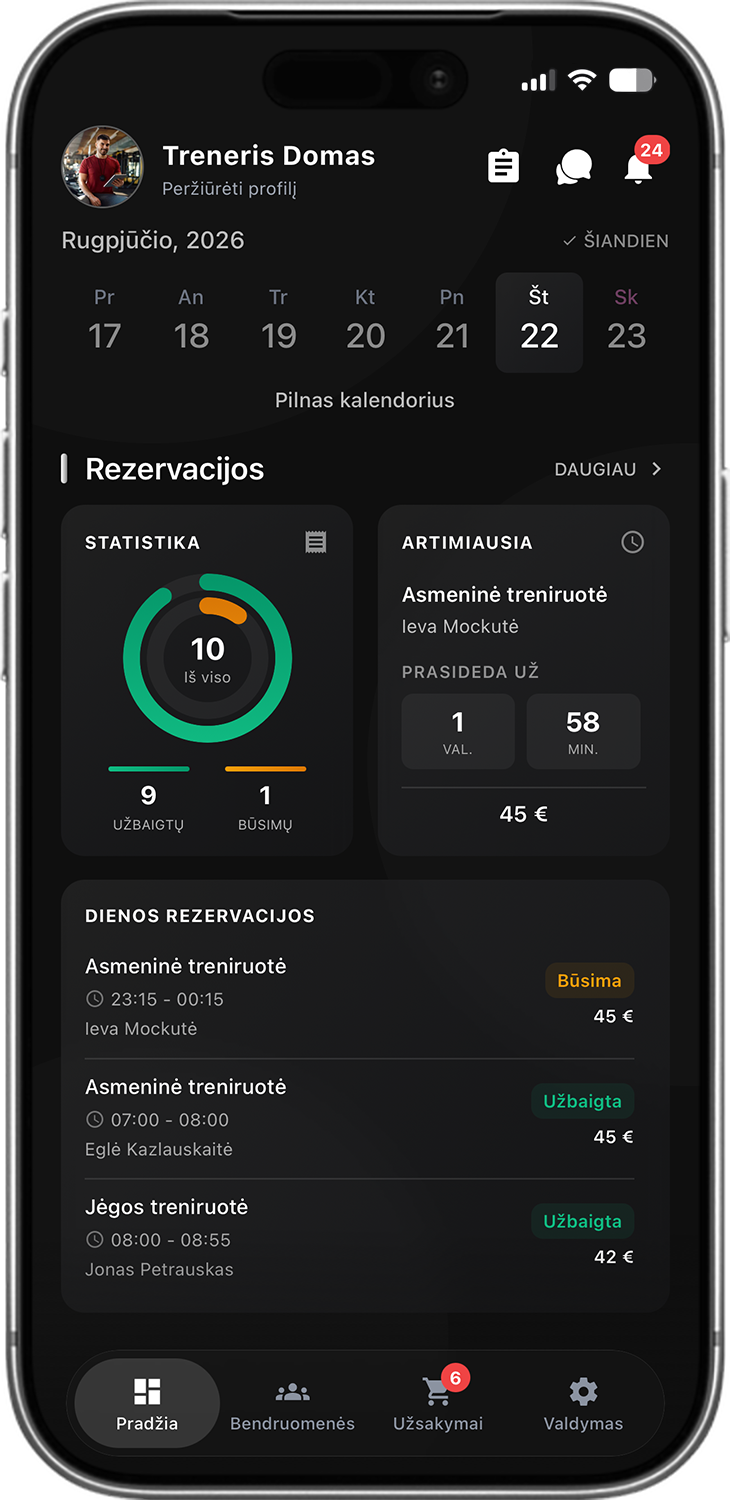 Sportstep trenerio programėlė: rezervacijos ir dienos tvarkaraštis
