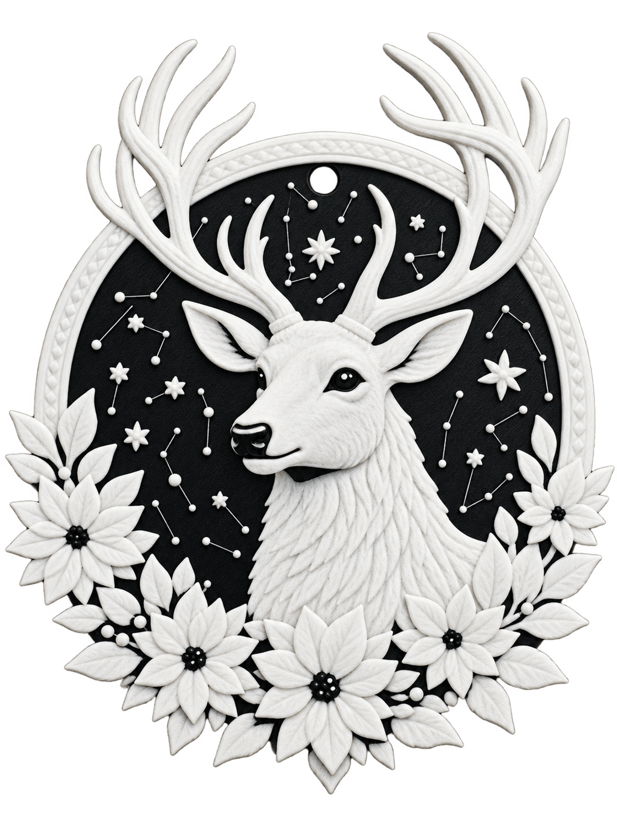 Christmas reindeer ornament in relief, product view on a black background