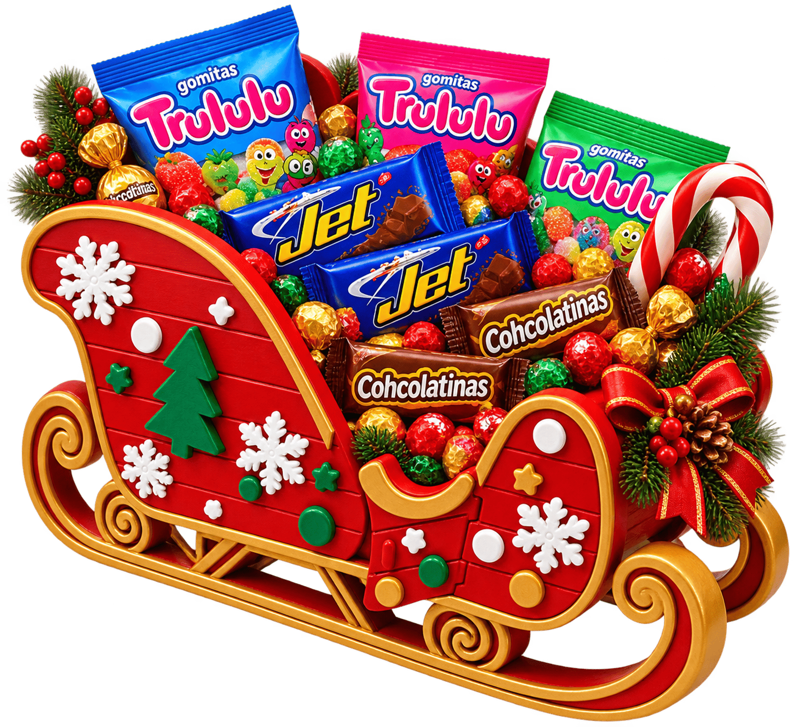 Trineo navideño impreso en 3D, rojo, verde y dorado, lleno de chocolates y gomitas. Los dulces de la foto no están incluidos. Mide 18 cm de largo.