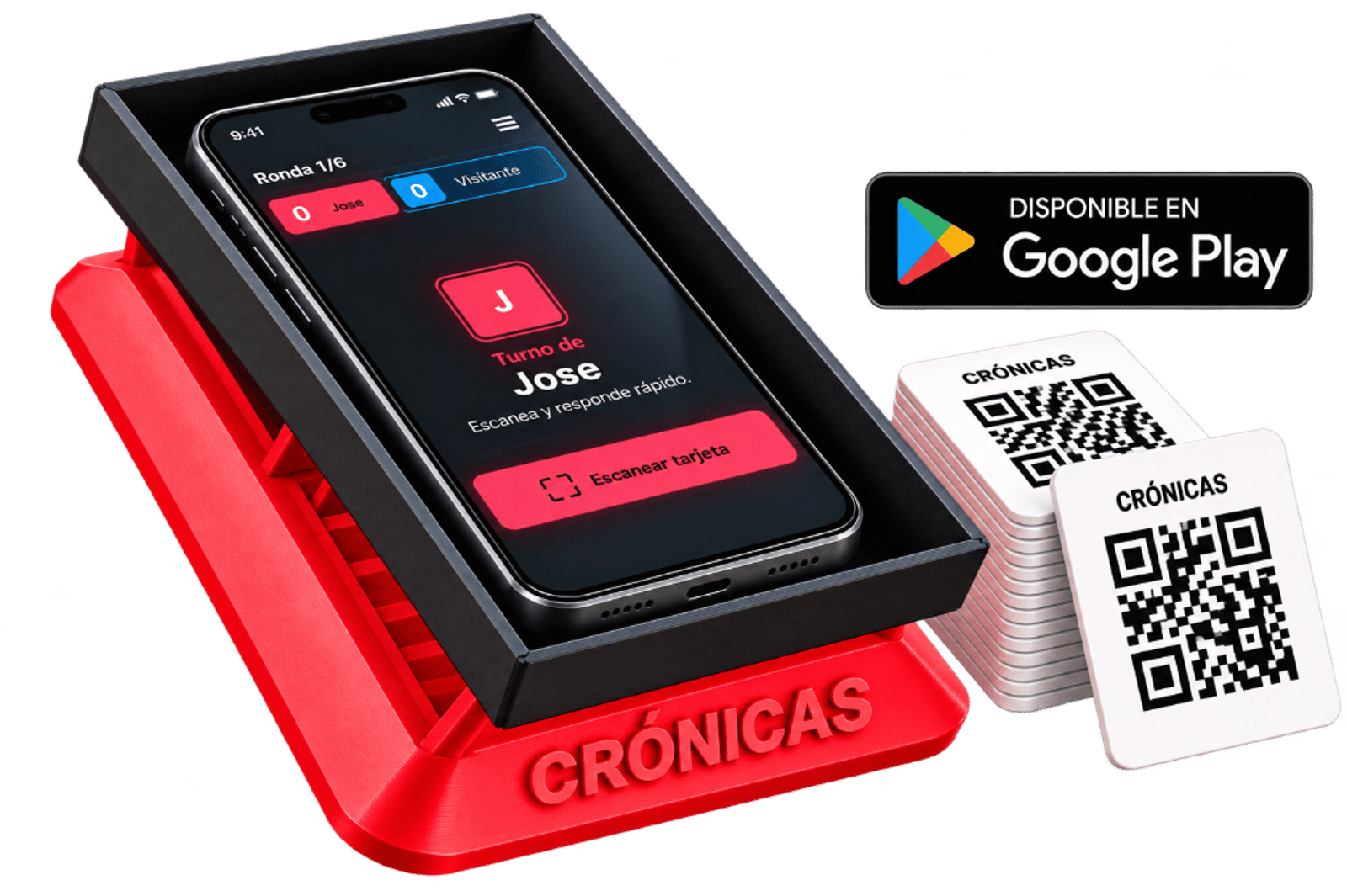Juego de Crónicas con la base roja, el celular en la bandeja y el mazo de cartas QR. El celular de la foto no está incluido.