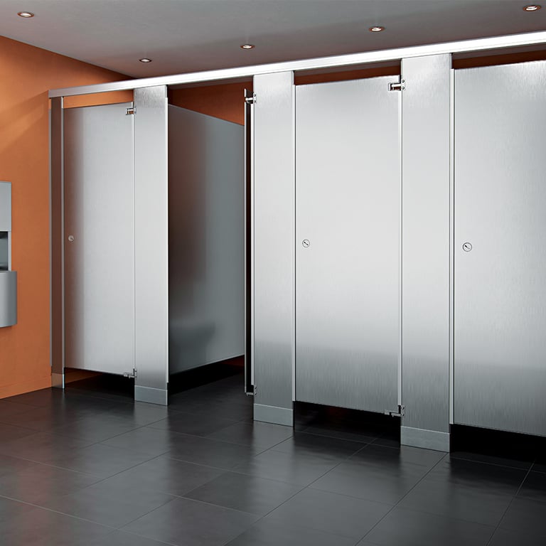 ASI-StainlessSteelPartitions@2x.jpg Image of Cubicle FloorAnchored GlobalPartitions LaminateMoistureGuard OverheadBraced Alcove