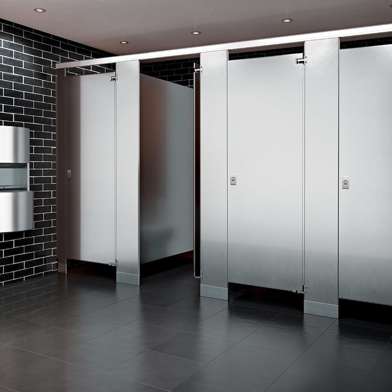 ASI - Stainless Steel - Integrated Partitions.jpg Image of Cubicle CeilingHung AccuratePartitions StainlessSteel UltimatePrivacy
