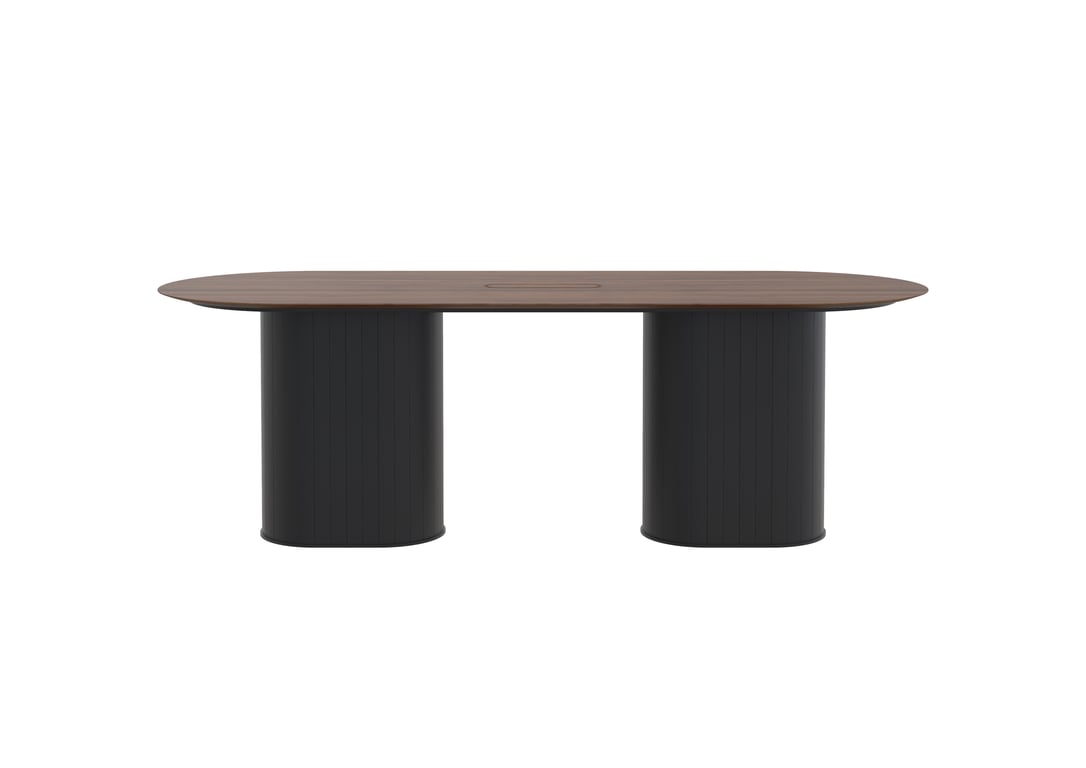 AspectFurniture Atlas Pill Dual Pill Base FH Leaner 1200W x 3200L 10P Walnut Mannex Black Image of Table Pill AspectFurniture Atlas 10Person StraightShroud