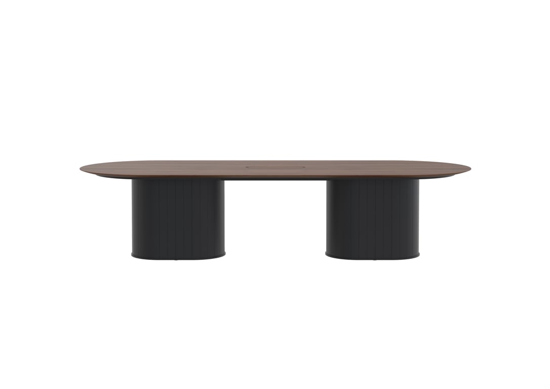 AspectFurniture Atlas Pill Dual Pill Base FH Table 1200W x 3200L 10P Walnut Mannex Black Image of Table Pill AspectFurniture Atlas 10Person StraightShroud