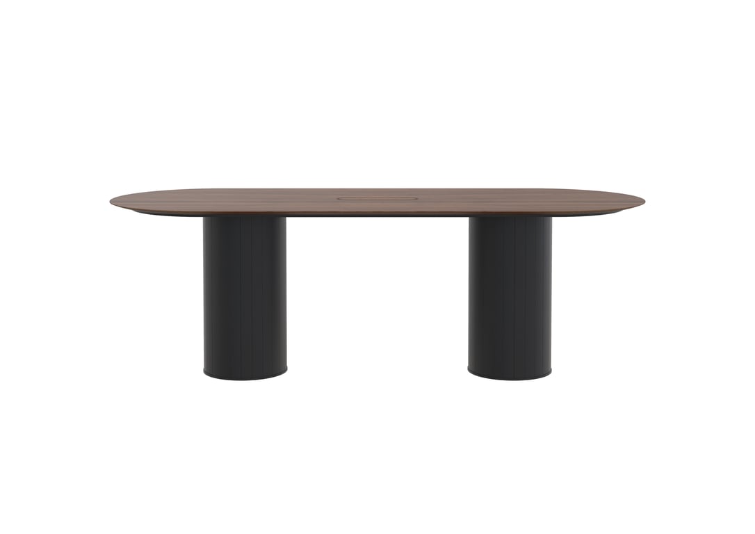 AspectFurniture Atlas Pill Dual Round Base FH Leaner 1200W x 3200L 10P Walnut Mannex Black Image of Table Pill AspectFurniture Atlas 10Person RoundShroud