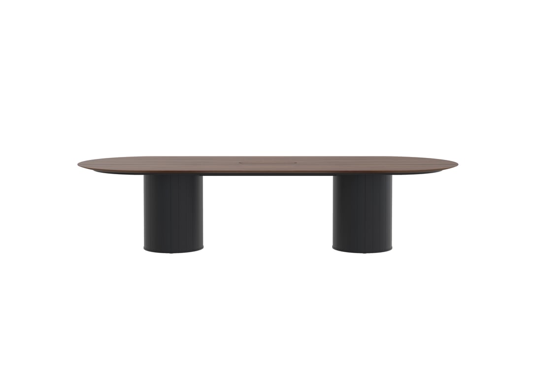 AspectFurniture Atlas Pill Dual Round Base FH Table 1200W x 3200L 10P Walnut Mannex Black Image of Table Pill AspectFurniture Atlas 10Person RoundShroud