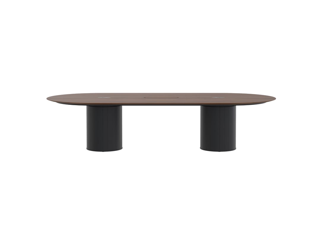 AspectFurniture Atlas Pill Dual Round Base SS Table CPB 1400W x 3200L 10P Walnut Mannex Black Image of Table Pill AspectFurniture Atlas 10Person RoundShroud AdjustableHeight