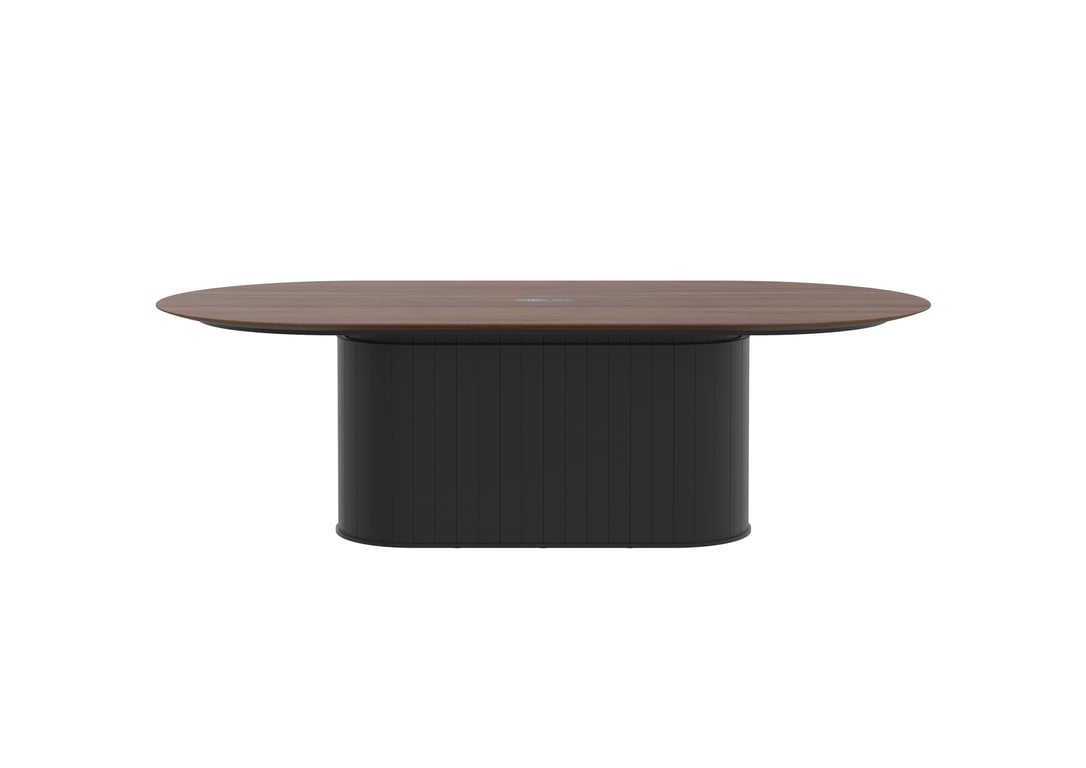 AspectFurniture Atlas Pill SS Table 1200W x 2400L 8P Walnut Mannex Black Image of Table Pill AspectFurniture Atlas 8Person AdjustableHeight