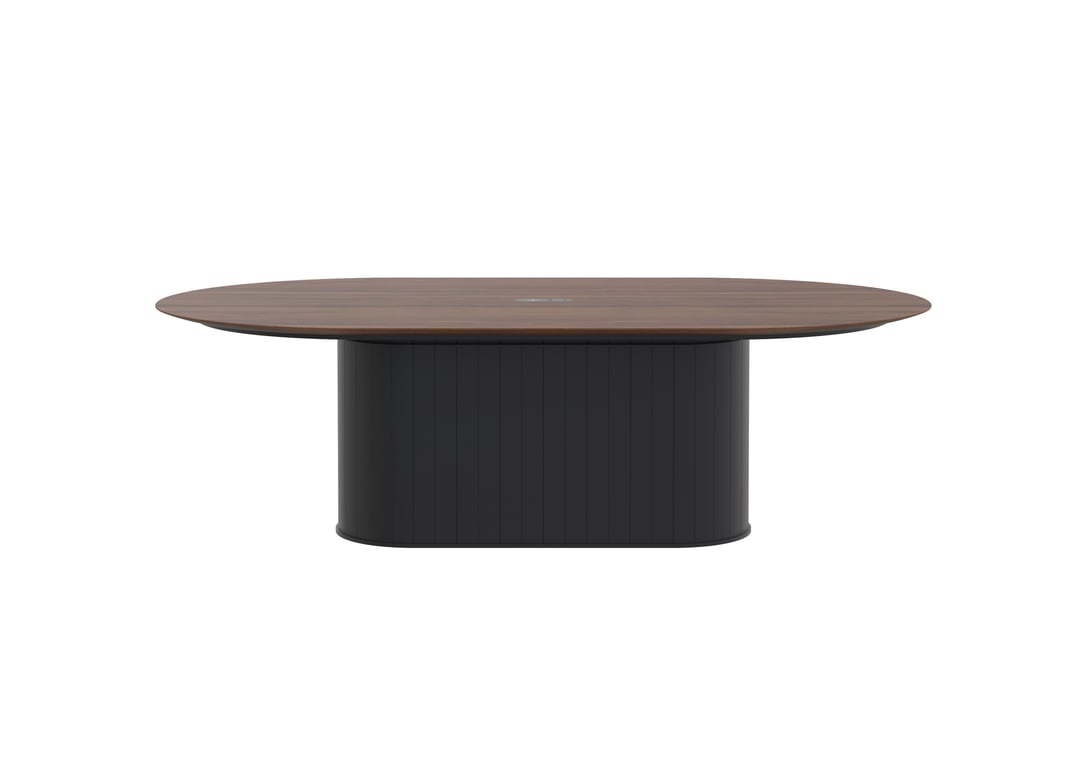AspectFurniture Atlas Pill SS Table 1400W x 2400L 8P Walnut Mannex Black Image of Table Pill AspectFurniture Atlas 8Person AdjustableHeight