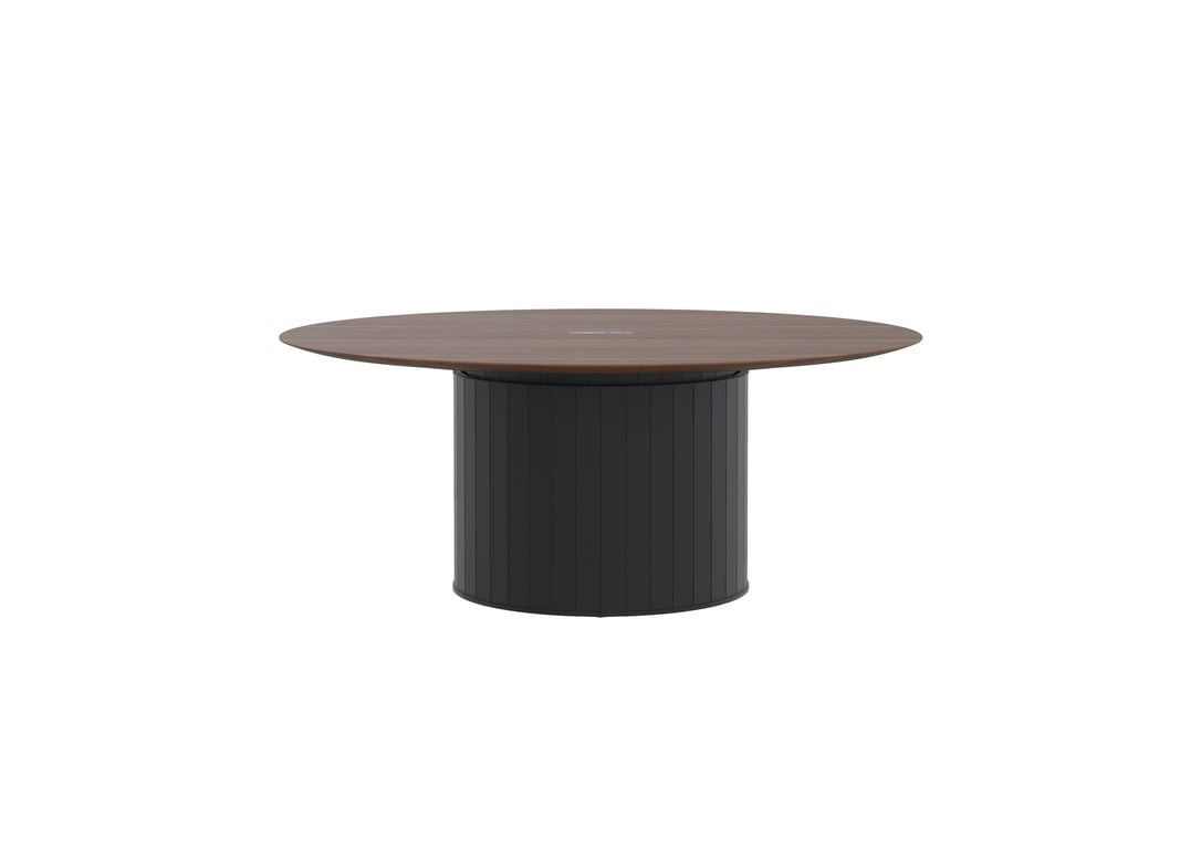 AspectFurniture Atlas Round SS 1800D 8P Walnut Top Mannex Black Image of Table Round AspectFurniture Atlas 8Person AdjustableHeight