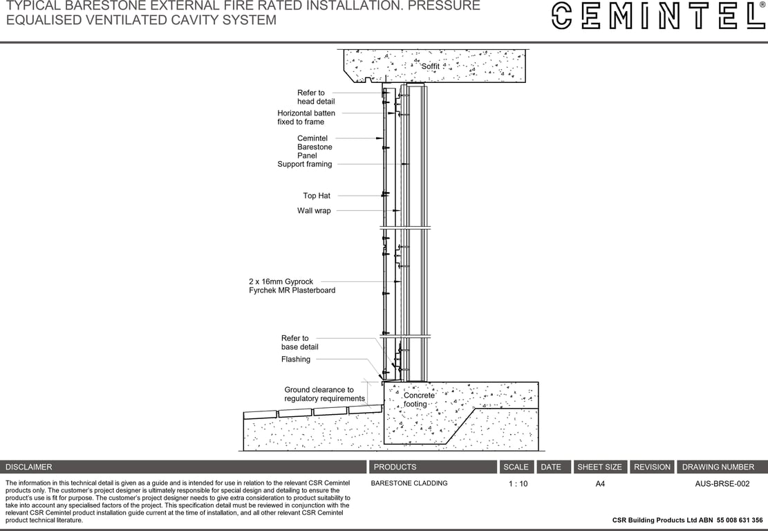 Navigate to AUS-BRSE-002 - TYPICAL BARESTONE EXTERNAL FIRE RATED INSTALLATION- PRESSURE EQUALISED VENTILATED CAVITY SYSTEM