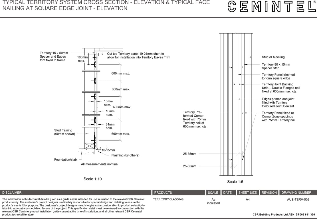 Navigate to AUS-TERV-002 - TYPICAL TERRITORY SYSTEM CROSS SECTION - ELEVATION & TYPICAL FACE NAILING AT SQUARE EDGE JOINT - ELEVATION